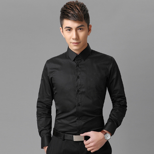 男长袖衬衫秋季纯棉贡缎免烫商务休闲韩版修身青年发型师黑色衬衣