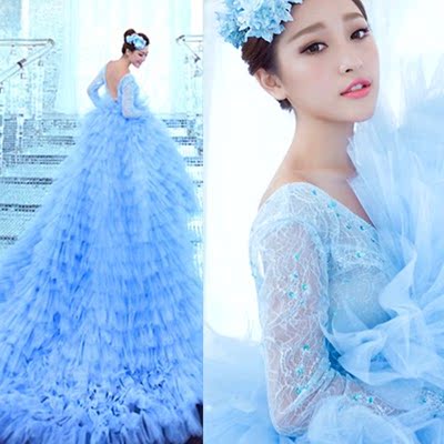 影楼主题新款韩版婚纱宫廷写真婚纱时尚蓝色主题婚纱礼服秋季新款