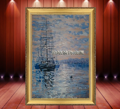 包邮手绘油画抽象码头船海景有框墙画挂画玄关走廊客厅欧式装饰画