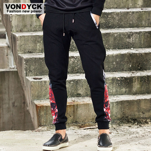 VONDYCK/范戴克个性潮男骷髅头黑色修身小脚裤 男士休闲裤 卫裤男