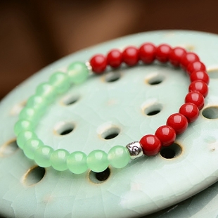 复古风时尚首饰民族风手链女装红珊瑚饰品绿色手珠珠石头手串手饰