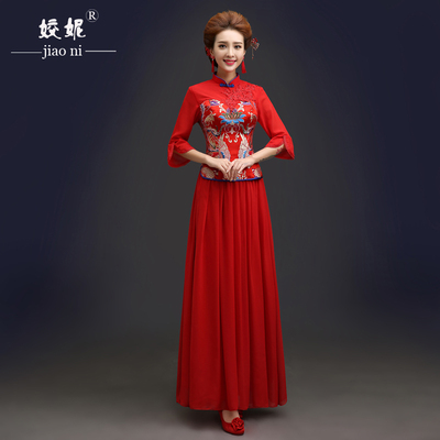 红色新娘结婚旗袍敬酒服春季2015新款中式修身改良七分袖长款旗袍