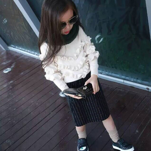 爆版韩国女童毛衣2015宝宝秋装新款加棉加厚纯色花边套头针织衫长