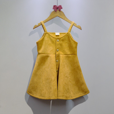 韩国2016秋季儿童装单排扣吊带连衣裙仿鹿皮绒呢绒金属扣女童裙