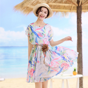 2015夏季印花雪纺连衣裙中长款沙滩裙海边波西米亚度假仙女中裙潮