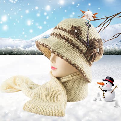 新款冬天时尚手工围巾帽子两件套双层保暖中老年女士毛线帽包邮
