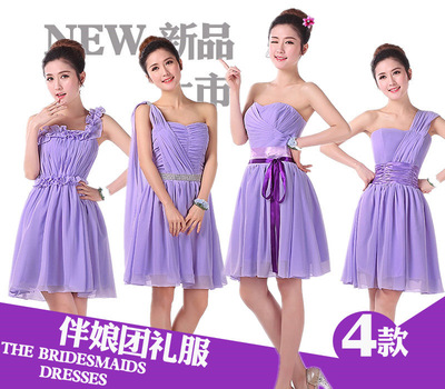 2014新款紫色伴娘团礼服短款 姐妹裙伴娘服新娘小礼服伴娘裙绑带