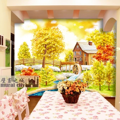 大型壁画墙壁纸客厅电视沙发背景墙简约欧式油画乡村森林河流