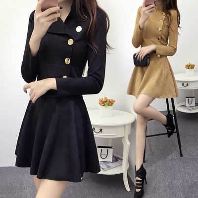 2016春季新款女装韩版气质时尚修身显瘦长袖鹿皮绒连衣裙潮