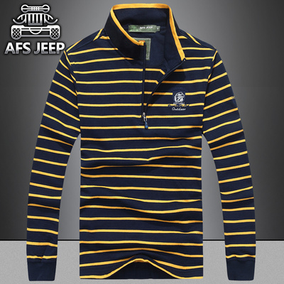 Afs Jeep/战地吉普男士新款翻领条纹长袖正品大码长袖 T恤