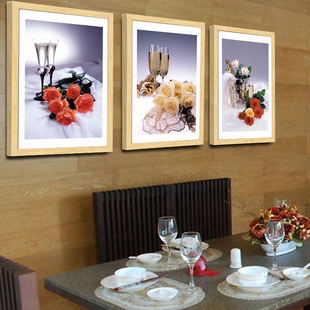 餐厅装饰画 现代简约饭厅三联画 厨房墙壁挂画鲜花酒杯高档有框画