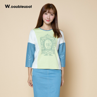 w.doubleudot达点韩版女拼接跳色圆领七分袖T恤WW4AE217