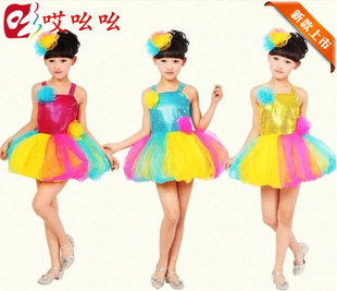 儿童新款七彩灯笼裙吊带蓬蓬连体裙女童合唱服演出舞台表演服装饰