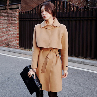 2015韩版冬季女气质修身中长款毛呢风衣系带纯色显瘦大衣外套包邮