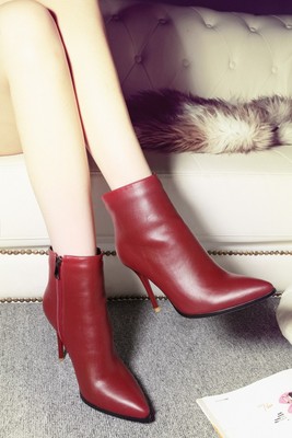 2015春英伦秋细跟女靴尖头真皮高跟红色靴子及踝靴马丁短靴女冬潮
