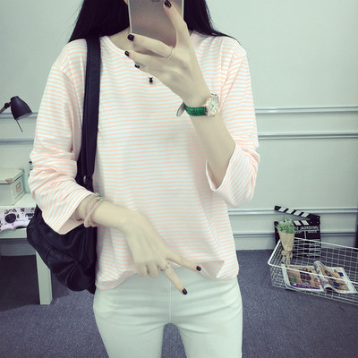 新款春秋季女士韩版长袖T恤女装条纹T恤纯棉大码大学生上衣打底衫