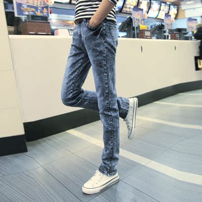 夏季新款韩版显瘦牛仔裤 流行男装紧身修身小脚裤雪花灰色牛仔裤
