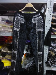 2015巴尔曼手工钉珠灯芯绒小脚黑色修身长裤休闲裤，演出服