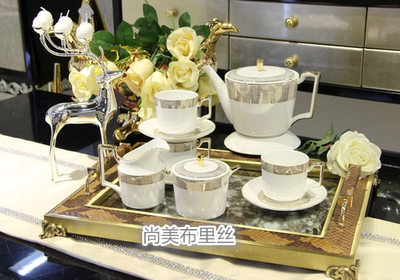 时尚白色银纹骨瓷11头咖啡具套装样板房客厅餐桌高档配饰创意礼品