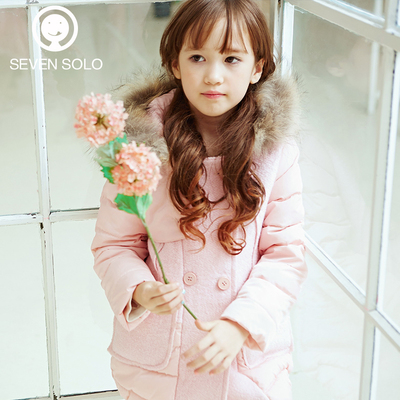 2015新款儿童棉服韩版修身童装薄款女童保暖外套中长款纯色双排扣