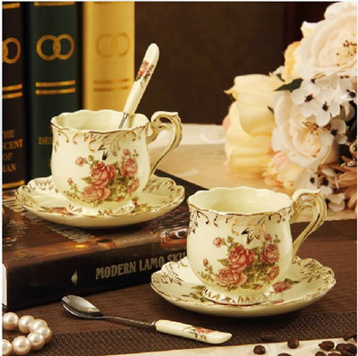 欧式陶瓷咖啡杯套装高档摆件家居鎏金创意2件套牙瓷咖啡杯带碟勺