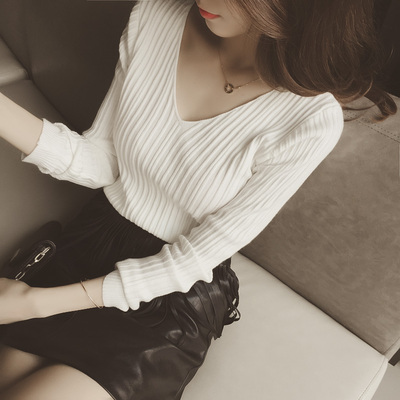2015秋装韩国新款V领长袖纯色修身薄针织衫打底衫女打底毛衣