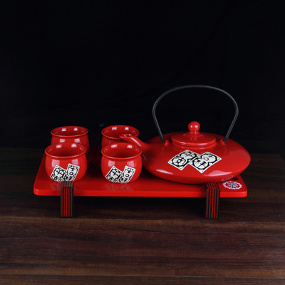 日式和风陶瓷功夫茶具创意红色整套茶壶杯套装结婚庆礼物特价包邮