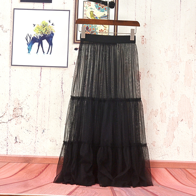 韩国新款透视网纱蓬蓬裙罩裙中长款单层透明半身裙纱裙蕾丝裙衬裙