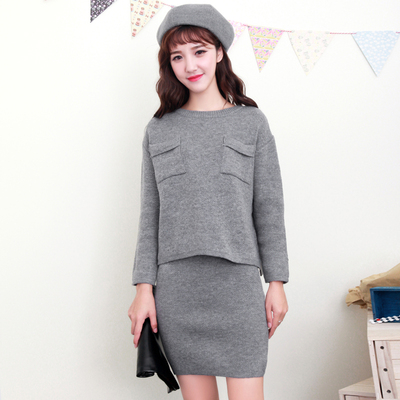 2016秋冬韩版新款时尚两件套毛衣 修身套头针织衫包臀半身裙毛衫