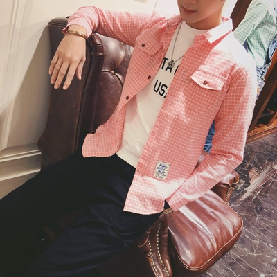 2016春季韩版潮男绣花格子布长袖衬衣男士棉麻修身情侣装寸衫衬衫