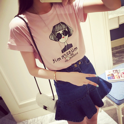 2015夏装韩版卡通休闲大码T恤宽松学生卷边短袖短款上衣女半袖潮