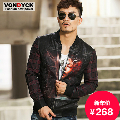 VONDYCK/范戴克2015新款时尚个性潮男夹克 男士修身机车PU皮外套