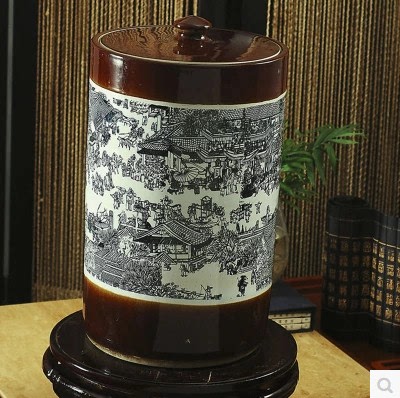景德镇陶瓷米缸 仿古米桶带盖 雕刻和手绘 清明上河图米缸50斤
