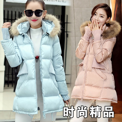 2015冬季新款女装时尚韩版修身气质甜美连帽毛领中长款棉衣棉服潮