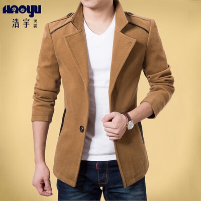 2015秋季男士风衣修身型外套 青少年韩版纯色毛呢短款西装领大衣