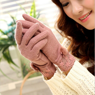 新款秋冬女式羊毛手套 蕾丝蝶结冬天保暖加厚手套 保暖羊绒手套