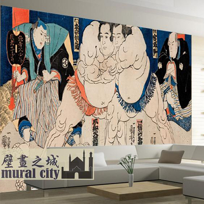 日式日本相扑墙纸料理寿司店壁纸酒店餐厅电视沙发背景墙浮世绘