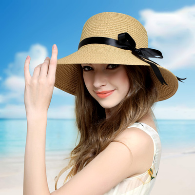 帽子女夏天草帽韩版遮阳帽夏季可折叠太阳帽防晒沙滩帽遮脸大沿帽