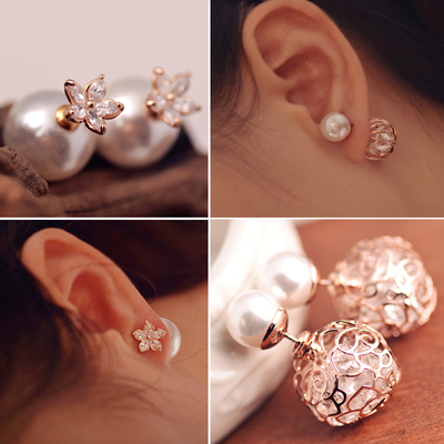 韩国流行饰品甜美个性锆石花朵水钻耳环大小双面珍珠耳钉女防过敏