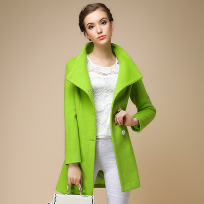韩范修身绿色大衣女中长款冬季韩版单排扣立领小香风毛呢外套特价