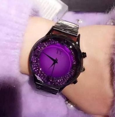 正品韩国TT时尚时装表紫色切割水晶面潮流大表盘石英防水钢带女表