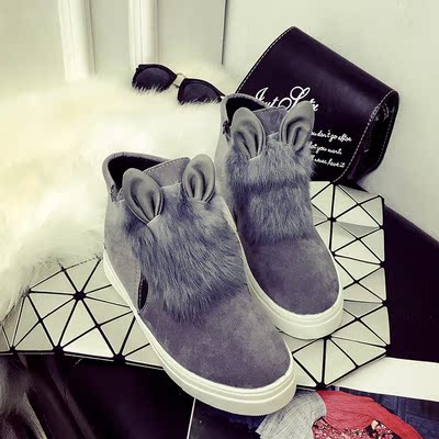 2015韩版冬款高帮短靴厚底平跟女鞋兔耳朵毛毛加厚保暖女靴棉鞋40