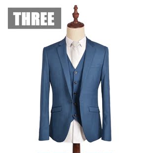 THREE 蓝色经典职业上班婚礼韩版修身西服 男士商务休闲瘦身礼服