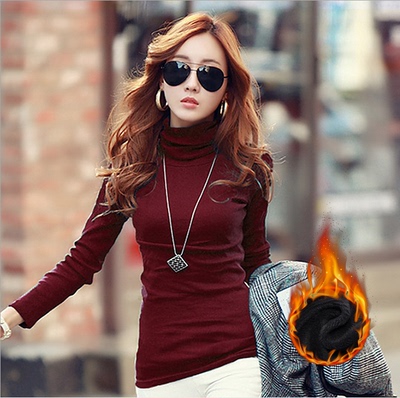 2015韩版秋冬新款加绒加厚大码修身纯棉高领长袖t恤女打底衫
