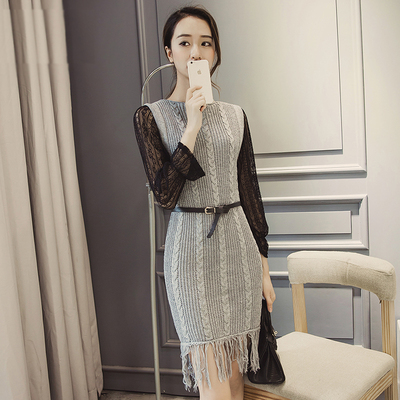 依丽莎蔓2015秋冬时尚蕾丝裙中长款两件套修身韩版