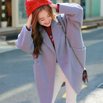 2015冬季新款韩版呢大衣中长款廓形宽松休闲大码女装毛呢外套女潮