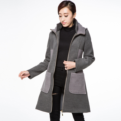 2015冬装新款毛呢女士外套时尚拼接带帽加厚呢子大衣