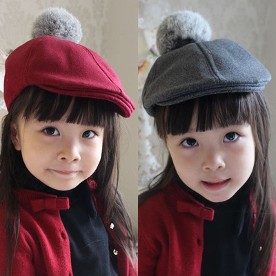 儿童帽子女童鸭舌帽毛呢秋冬韩版时尚潮宝宝贝雷帽公主毛球棒球帽