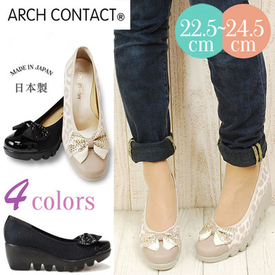 ARCH CONTACT日本制造坡跟亮片蝴蝶结米色白色豹纹皮鞋舒适女单鞋