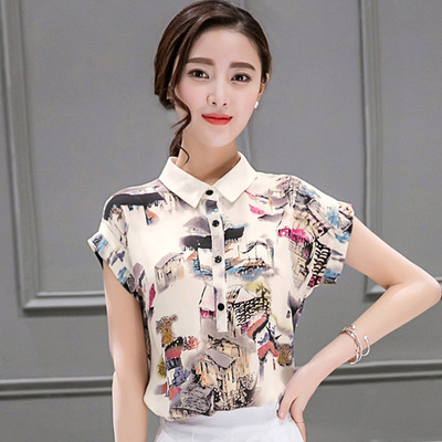 2016夏装新款短袖上衣女韩版宽松大码显瘦印花雪纺衬衫